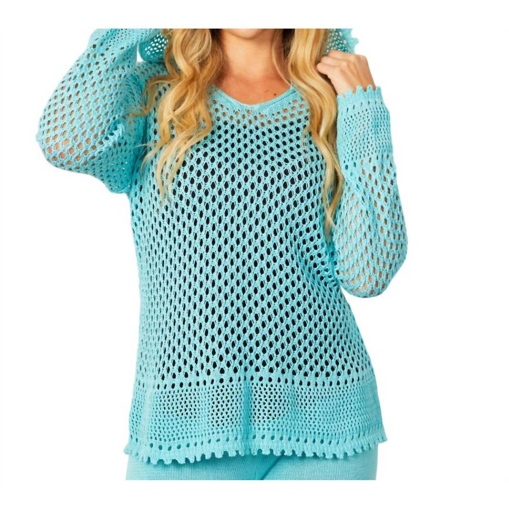 NEW FRENCH KYSS v-neck crochet hoodie in aqua